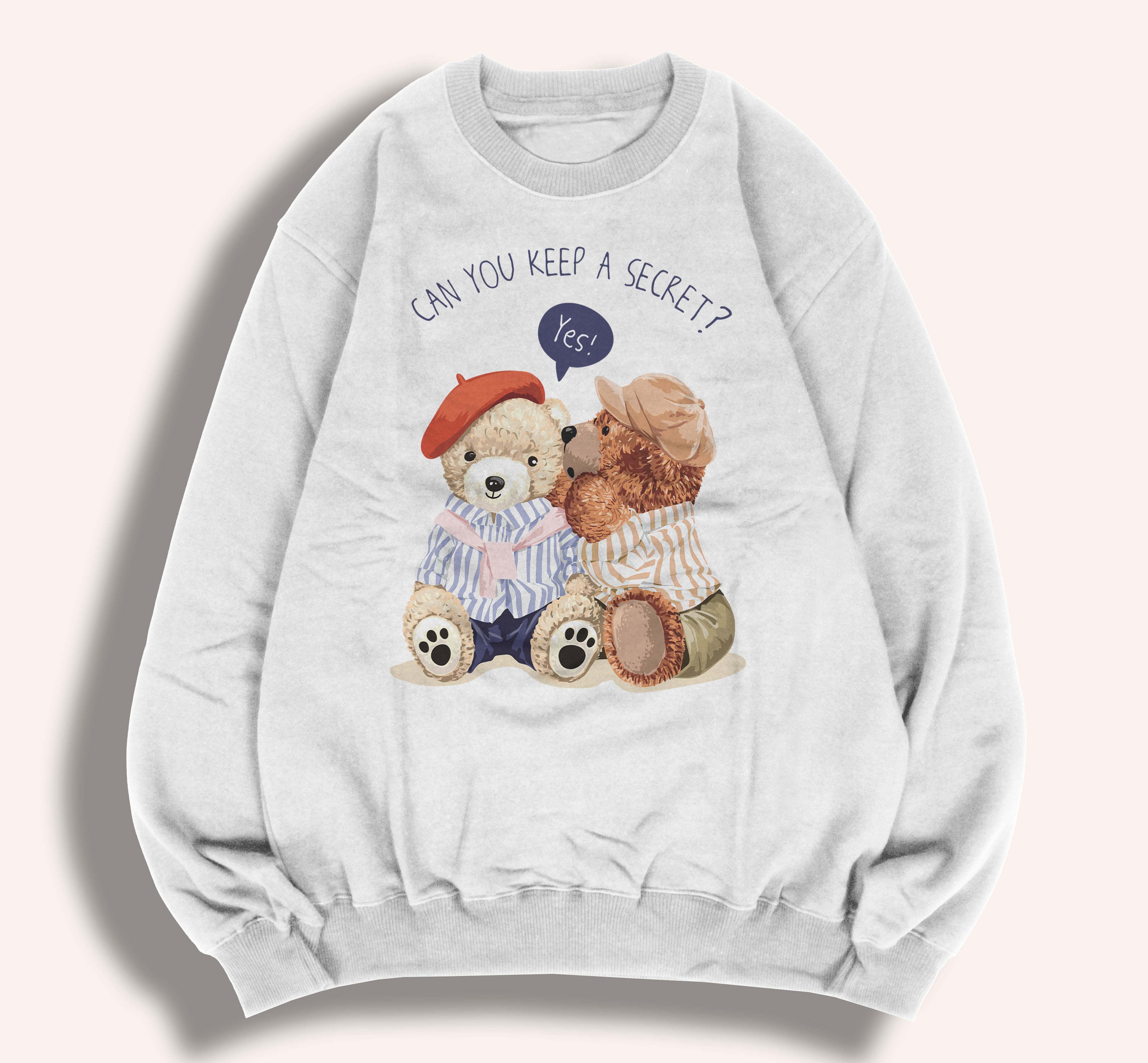 BLINGPAW Harajuku Autumn Winter Clothes Teddy Bear Unisex Heavy Blend Crewneck Sweatshirt Can You Keep A Secret Letter Printed