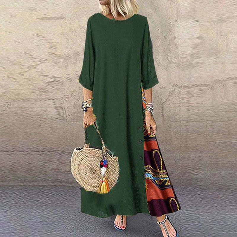 Maxi Dress For Women Elegant Chic Long Dresses Vintage Print Black Red Dress Mid Sleeve Casual O-Neck Streetwear Clothing Ladies