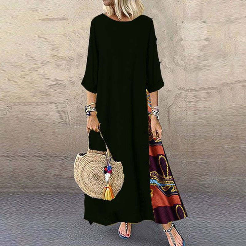 Maxi Dress For Women Elegant Chic Long Dresses Vintage Print Black Red Dress Mid Sleeve Casual O-Neck Streetwear Clothing Ladies