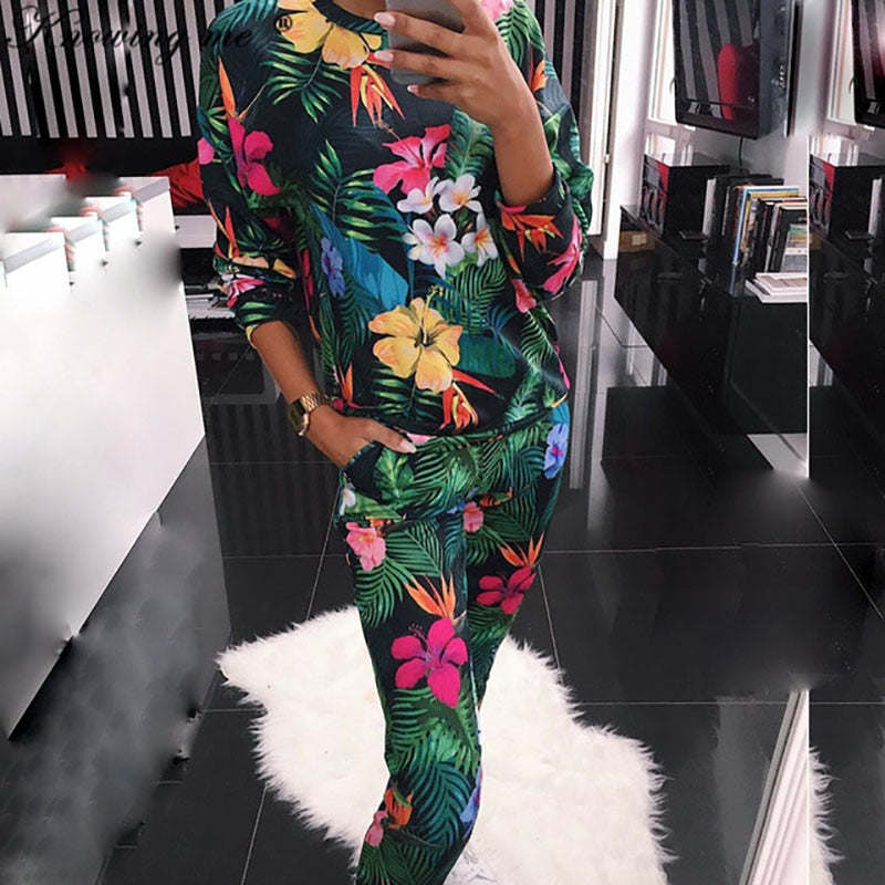 2023 Spring Floral print Tracksuit set women Autumn Animals Plant Print Two Piece Sets long sleeve hoodies Sweatshirt 2Pcs sets