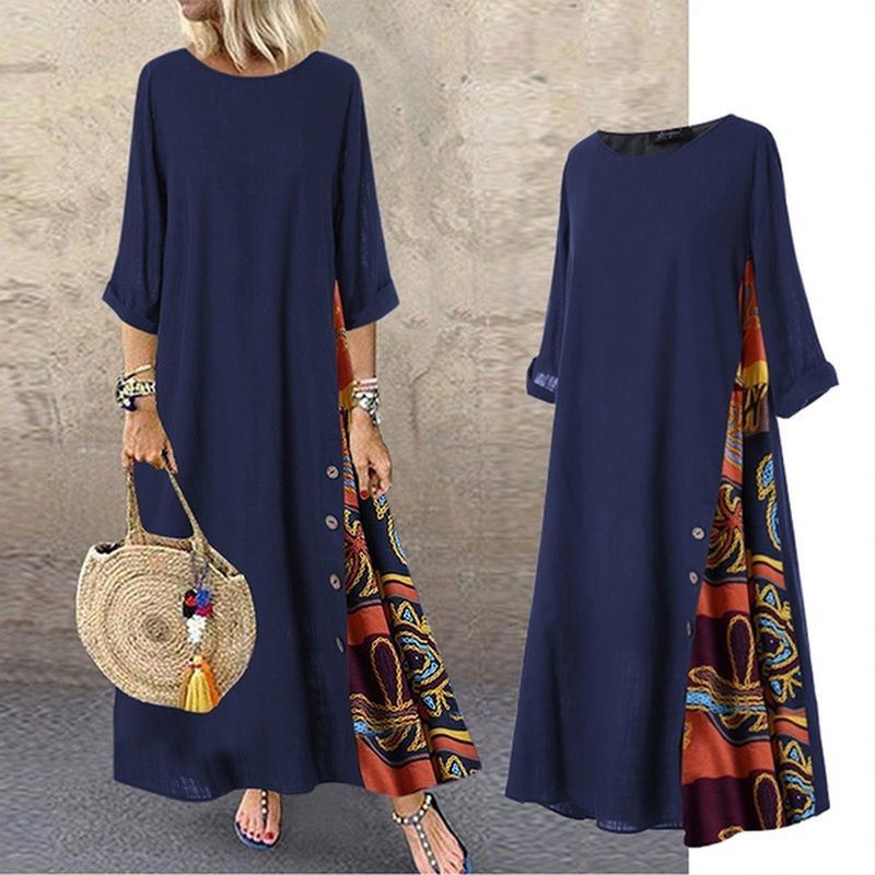 Maxi Dress For Women Elegant Chic Long Dresses Vintage Print Black Red Dress Mid Sleeve Casual O-Neck Streetwear Clothing Ladies