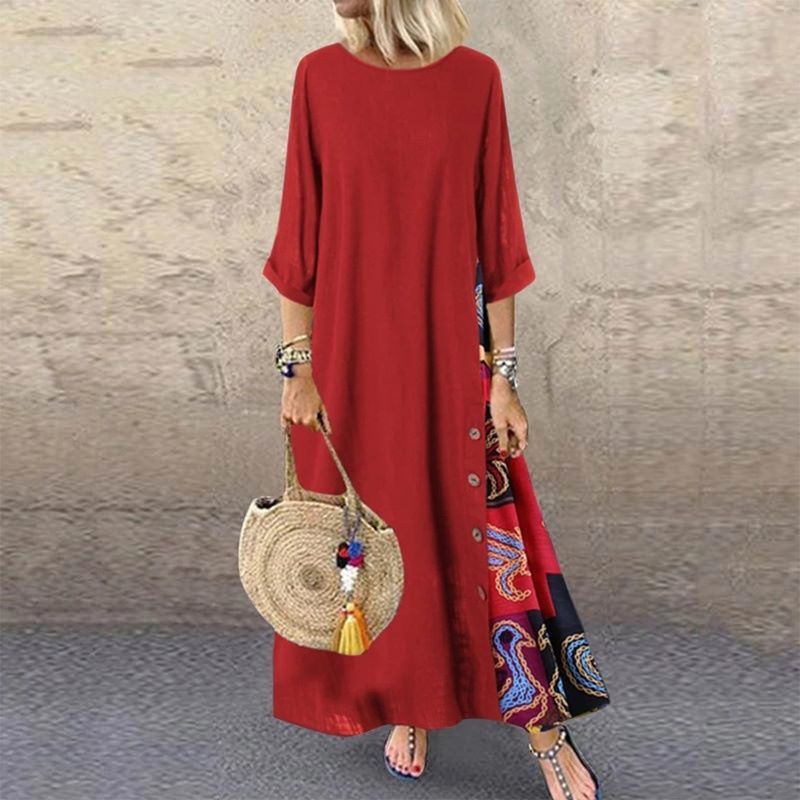 Maxi Dress For Women Elegant Chic Long Dresses Vintage Print Black Red Dress Mid Sleeve Casual O-Neck Streetwear Clothing Ladies