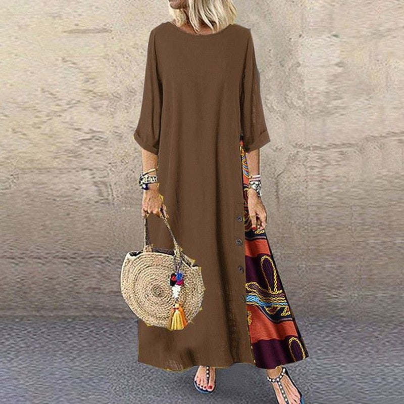 Maxi Dress For Women Elegant Chic Long Dresses Vintage Print Black Red Dress Mid Sleeve Casual O-Neck Streetwear Clothing Ladies