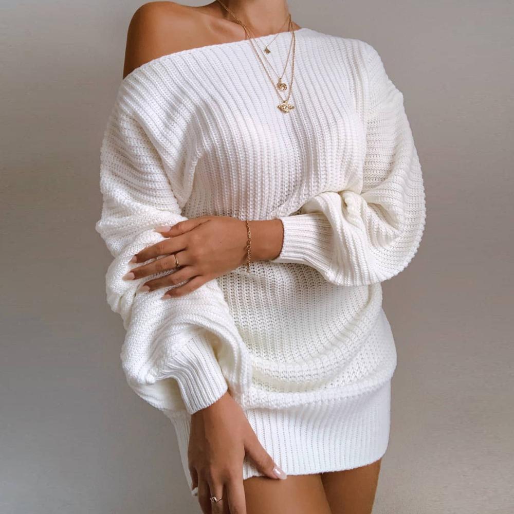 Cryptographic Casual Knitted Mini Dress Women Autumn Winter Sweaters Balloon Long Sleeve Knitwear Women's Dresses Loose Jersey