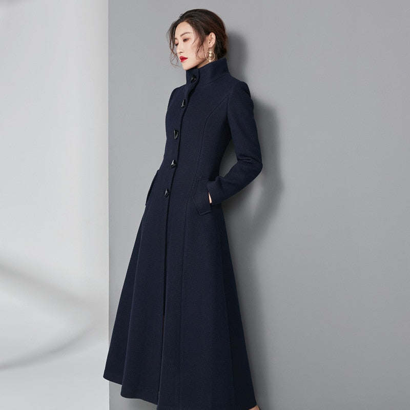 Autumn And Winter Women Long Stand Collar Slim Waist Fashion Temperament Retro Triangle Buckle Woolen Coat