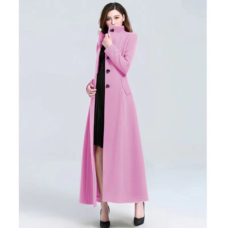 Autumn And Winter Women Long Stand Collar Slim Waist Fashion Temperament Retro Triangle Buckle Woolen Coat