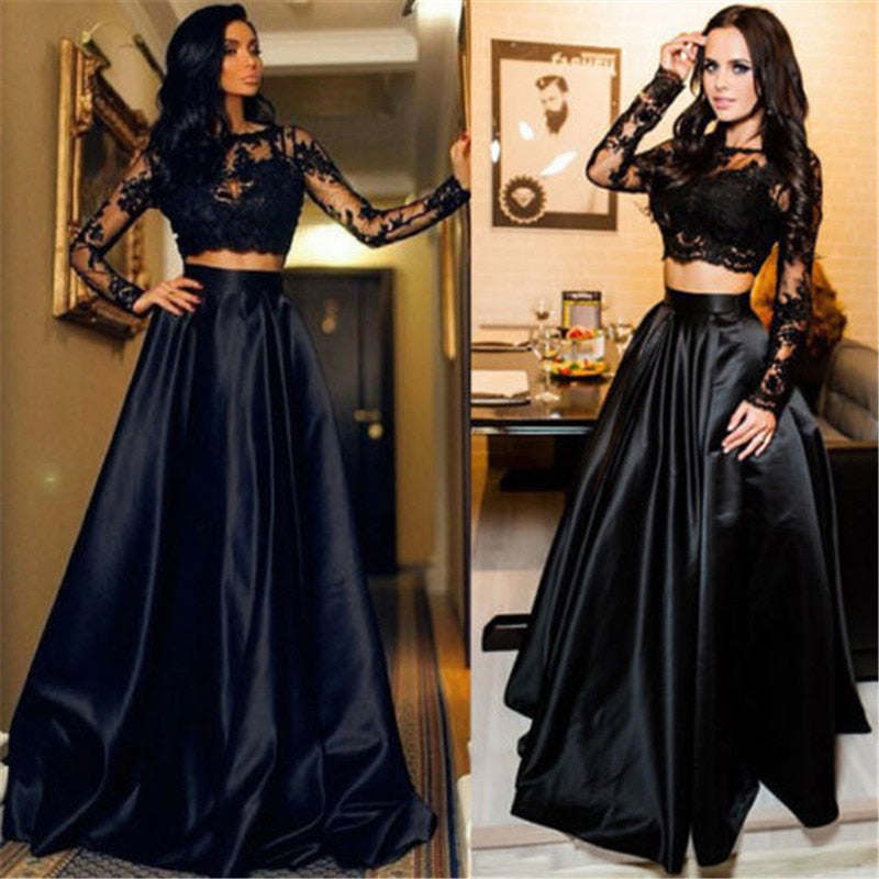 Black Chiffon Long Maxi Lace Dresses Women's Elegant Ladies Long Sleeve Hollow Out Evening Party Dresses