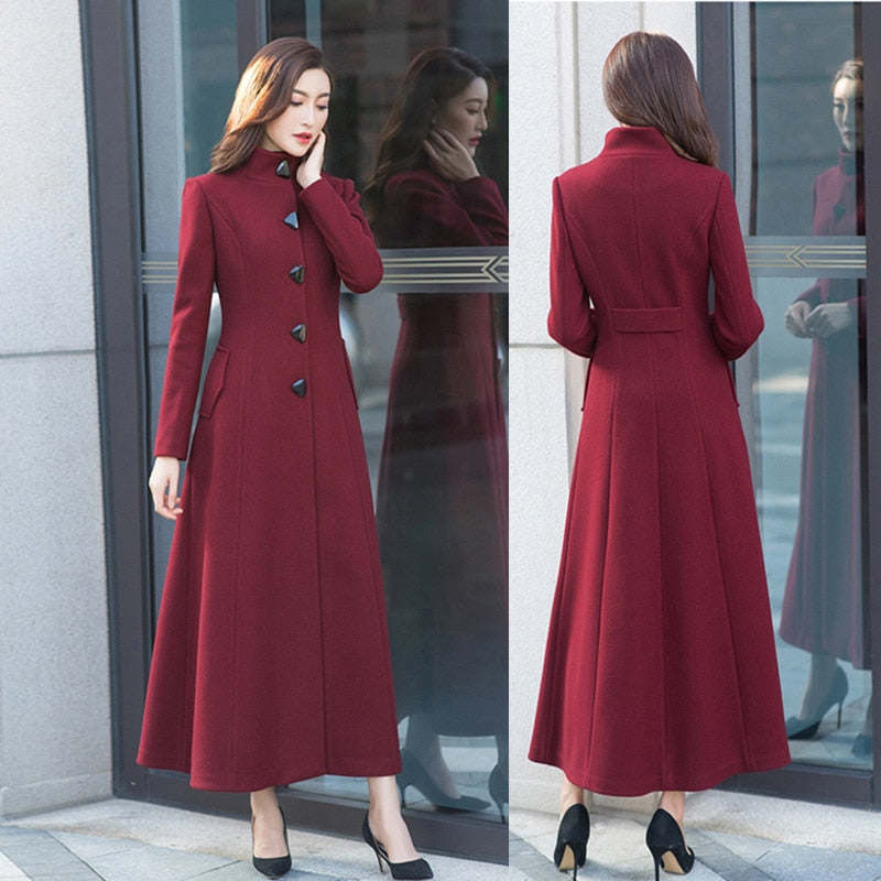 Autumn And Winter Women Long Stand Collar Slim Waist Fashion Temperament Retro Triangle Buckle Woolen Coat