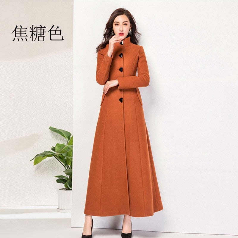 Autumn And Winter Women Long Stand Collar Slim Waist Fashion Temperament Retro Triangle Buckle Woolen Coat