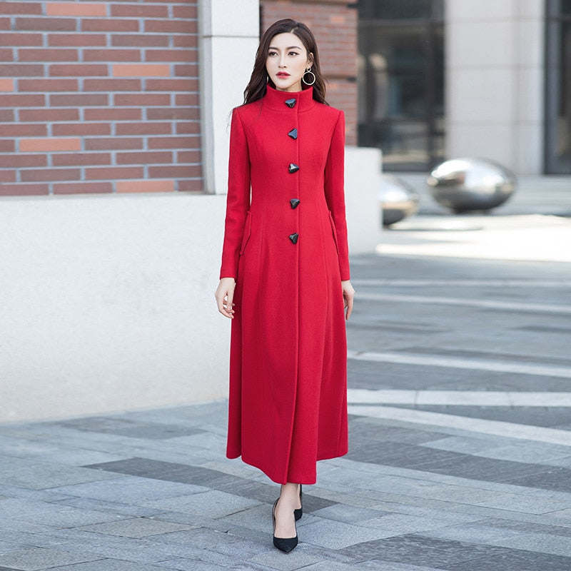 Autumn And Winter Women Long Stand Collar Slim Waist Fashion Temperament Retro Triangle Buckle Woolen Coat