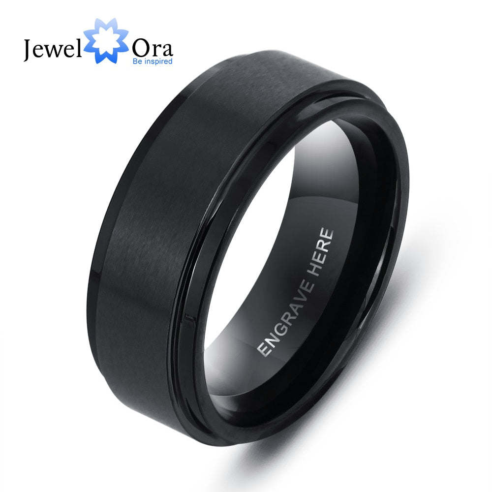 Personalized Engrave Name Rings for Men Black Stainless Steel Ring Fashion Male Jewelry Gift for Husbands