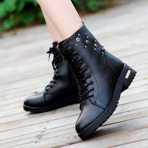 Women Boots Winter Soft PU Leather Wedges Lace Up Platform Fashion