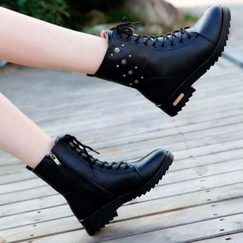 Women Boots Winter Soft PU Leather Wedges Lace Up Platform Fashion