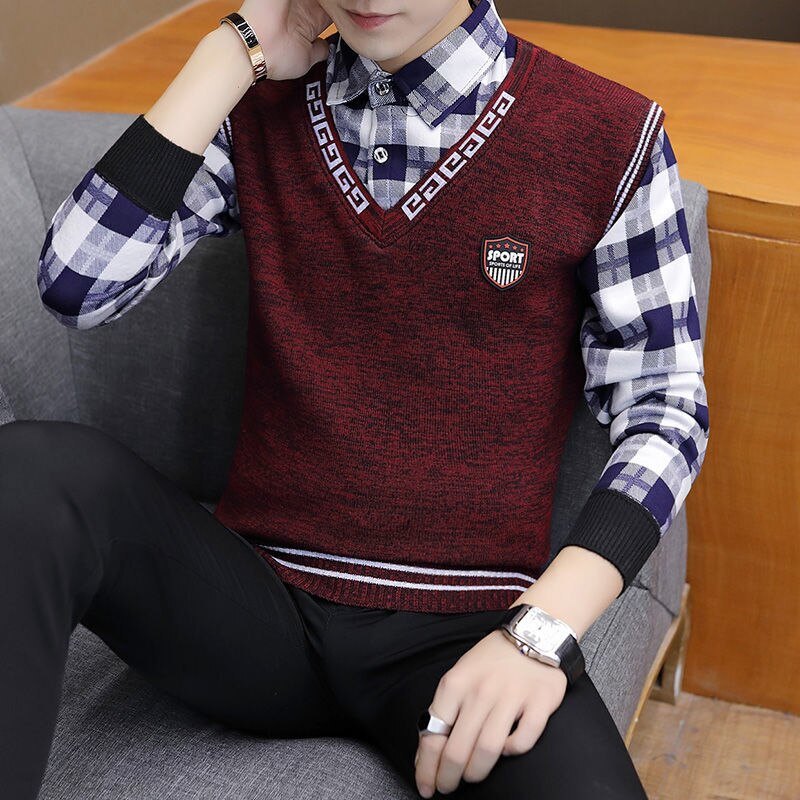 Fashion Lapel Spliced Knitted Fake Two Pieces Lattice Sweater Men's Clothing Autumn New Casual Pullovers