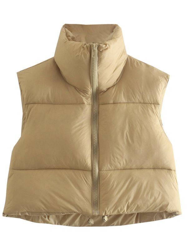 Fashion Brown Cropped Vest Coat Female Stand Collar Zipper Waistcoat Ladies Casual Outerwear