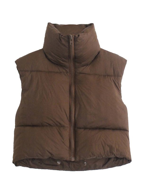 Fashion Brown Cropped Vest Coat Female Stand Collar Zipper Waistcoat Ladies Casual Outerwear