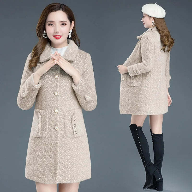 Women Woolen Coat Female Winter Jacket Thicken Keep Warm Imitation Gold Mink Wool Coats Mom Woolen Overcoat 4XL W2431