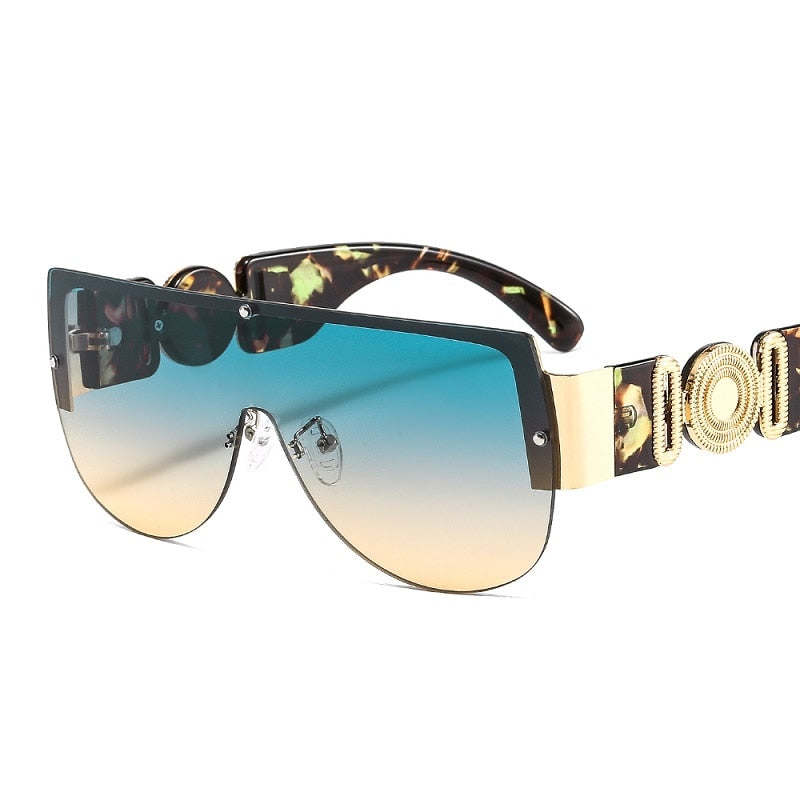 Fashion Shield Sunglasses Women Men Green Leopard Luxury Gradients Lens Metal Frame Oval Brand Designer Goggle UV400