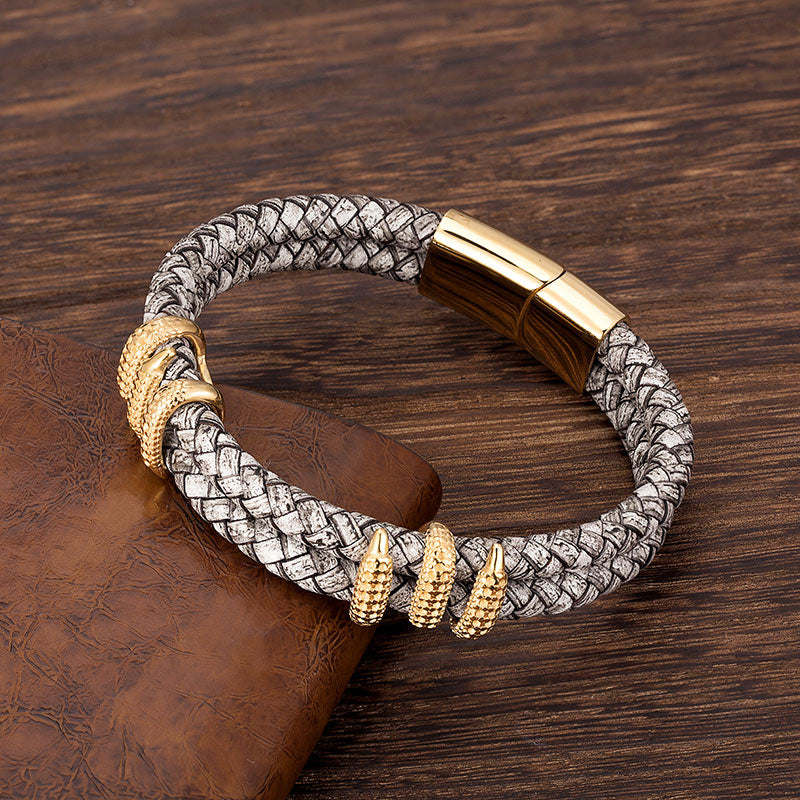 Fashion Men Bracelet Stainless Steel Handmade Rope Bangles Gray Vintage Leather Gold Dragon Claw Punk Jewelry Gift Accessories