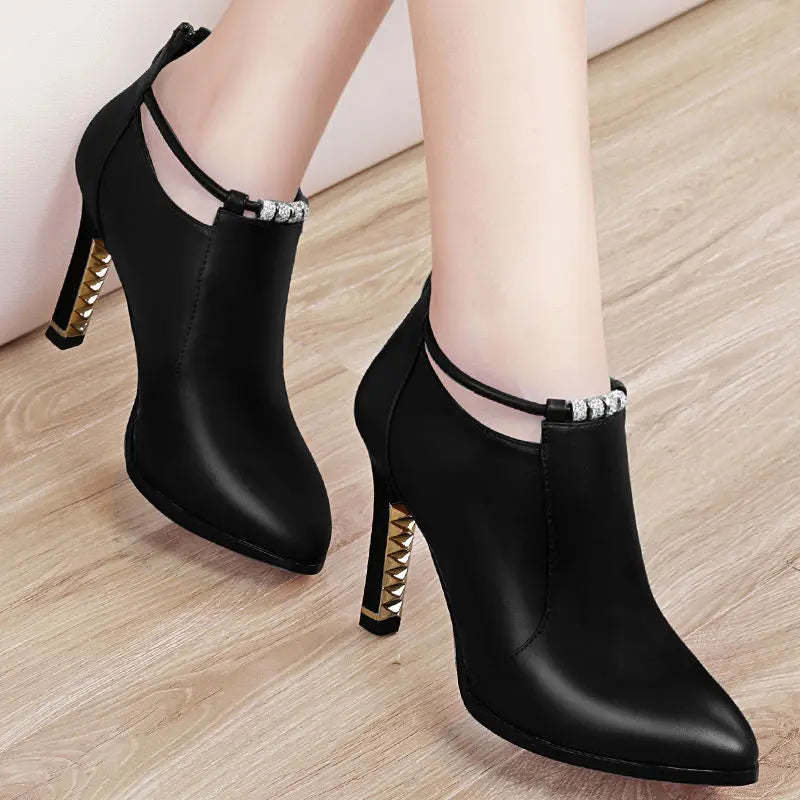Winter Boots Women Shallow Round Toe Red Women Boots Thin Heels Zip Ankle Boots Pu Leather Zapatos De Mujer