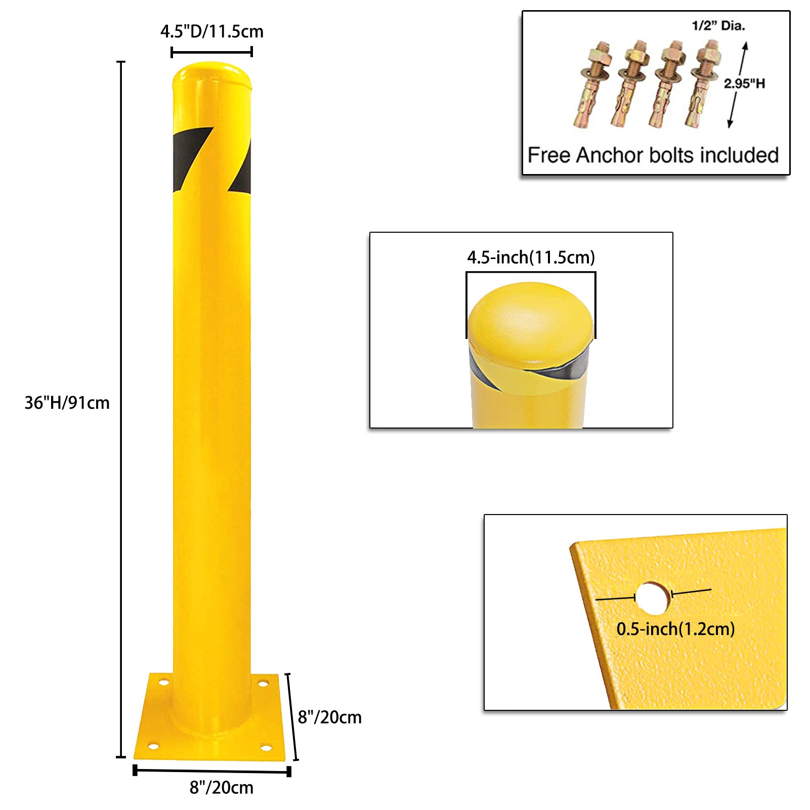 Bollard Post(36''*4.5''), Steel Bollards, Safety Bollard Yellow Powder Coated Parking Bollard Driveaway Barrier for Traffic-Sensitive Area, Garage or 