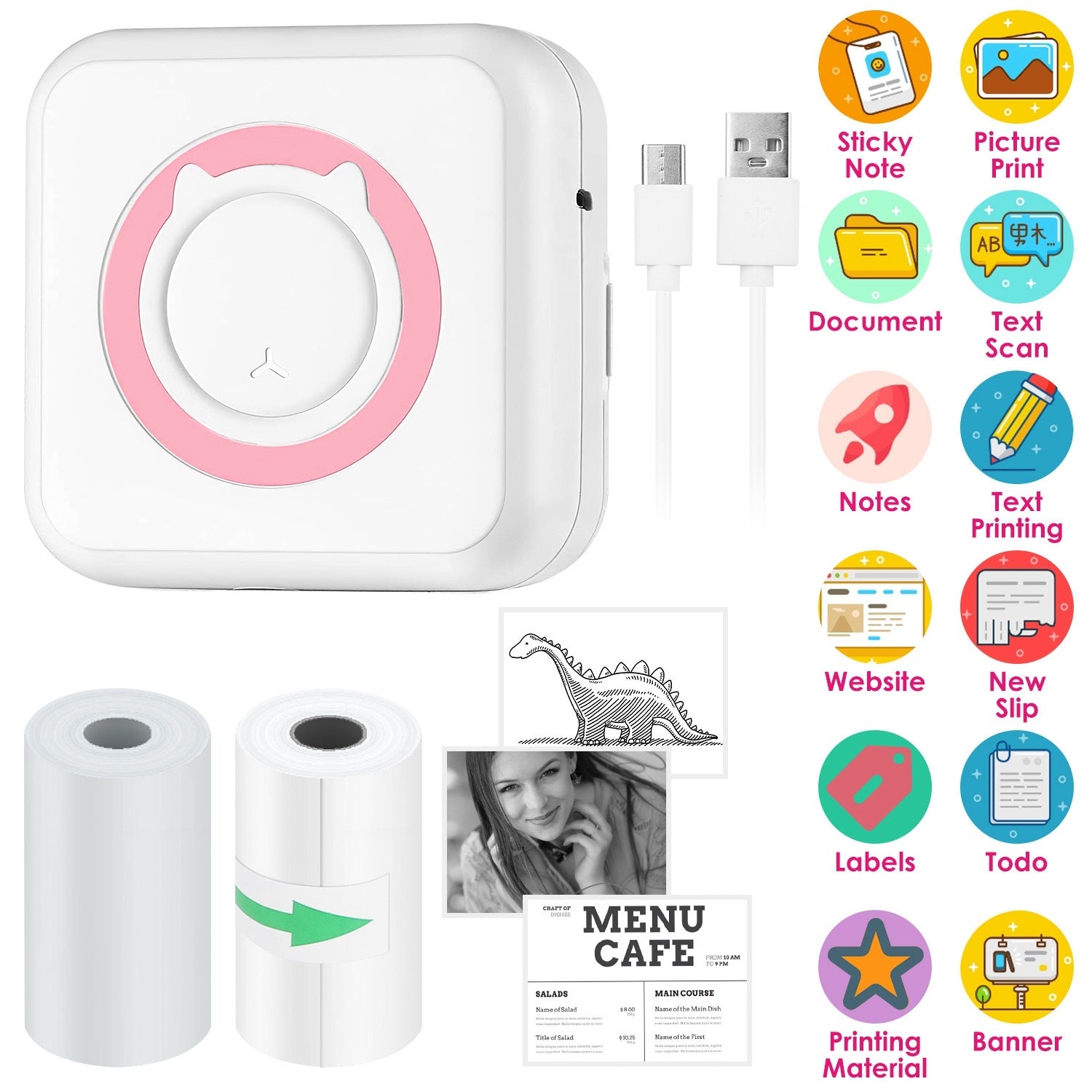 Pocket Wireless Thermal Printer Portable Mini Sticker Maker Machine Rechargeable Inkless Photo Printer for Printing Label Journal Study Notes Memo Pho