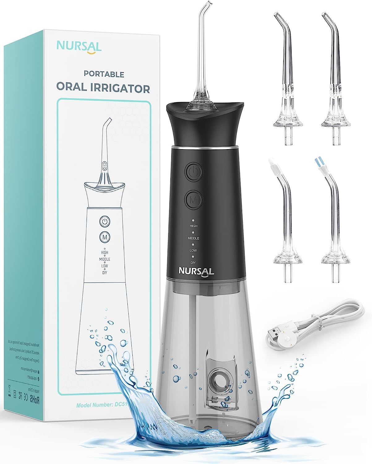 Water Dental Flosser Cordless with Magnetic Charging for Teeth Cleaning, Nursal 7 Clean Settings Portable Rechargeable Oral Irrigator, IPX8 Waterproof Water Dental Picks for Home Travel, DC5121,Black