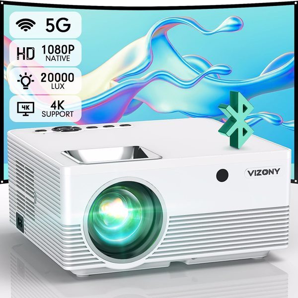 VIZONY Projector with 5G WiFi and Bluetooth, 20000L 600ANSI Full HD Native 1080P Projector, Support 4k & 350" Display with Carry Case, Outdoor Movie P