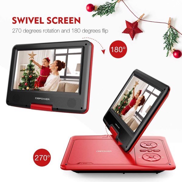 DBPOWER 11.5" Portable DVD Player, 5-Hour Built-in Rechargeable Battery, 9" Swivel Screen Region Free (Red)