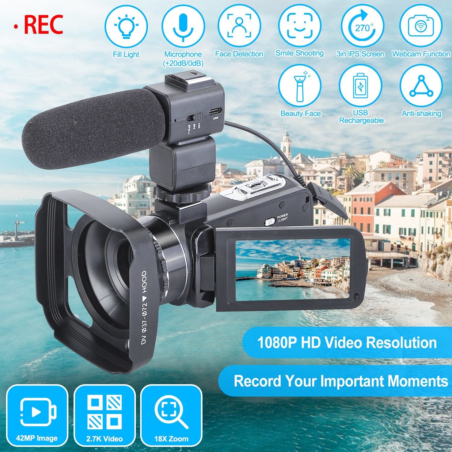 2.7K Camcorder 42MP 18X Zoom Digital Video Camera Rechargeable Vlogging Camera with Microphone Lens Hood 3in 270° Rotating Screen Fill Light Remote Co