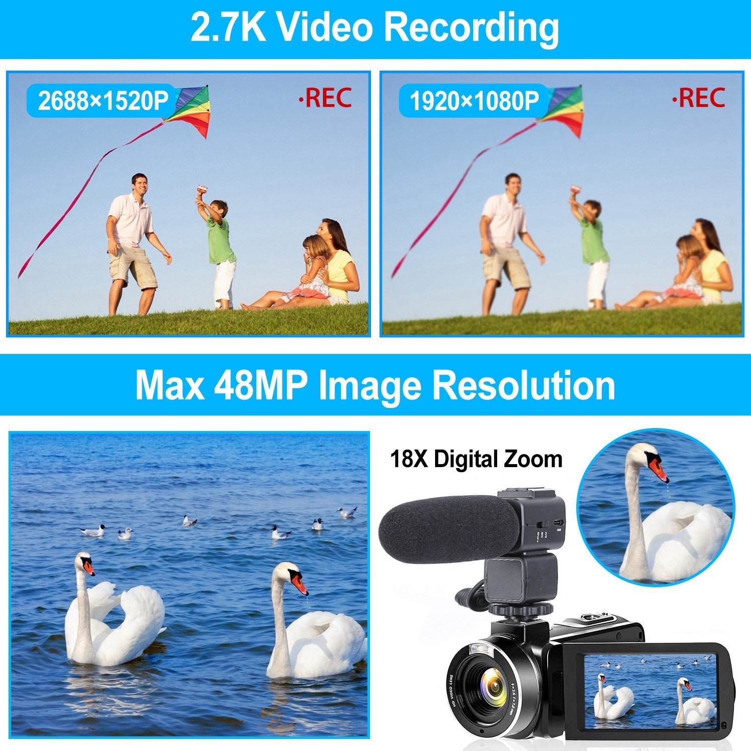 2.7K Camcorder 42MP 18X Zoom Digital Video Camera Rechargeable Vlogging Camera with Microphone Lens Hood 3in 270° Rotating Screen Fill Light Remote Co