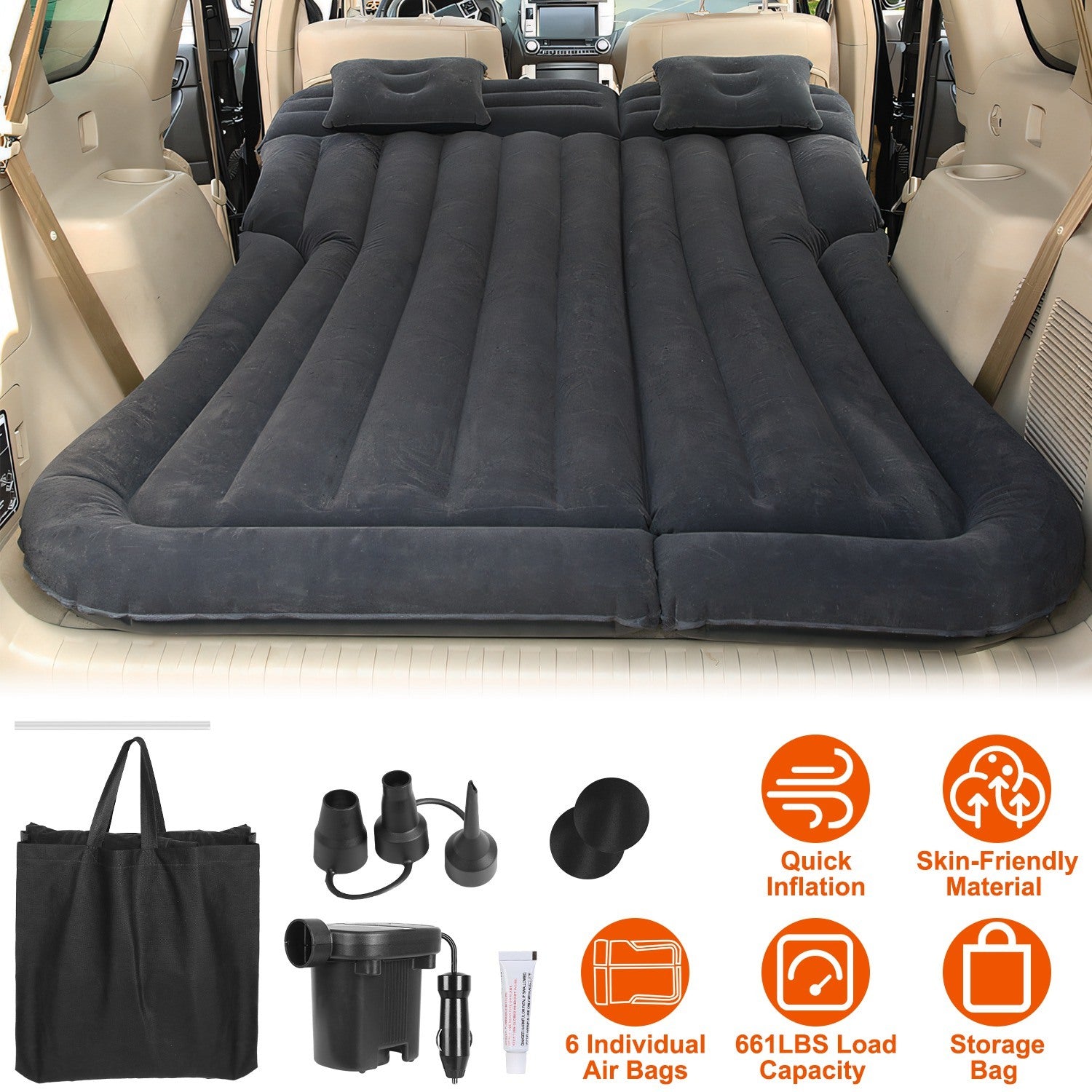 Inflatable SUV Air Mattress Thickened Camping Bed Cushion with Pillow Air Pump Storage Bag PVC Flocked Car Bed for Home Car Travel Camping