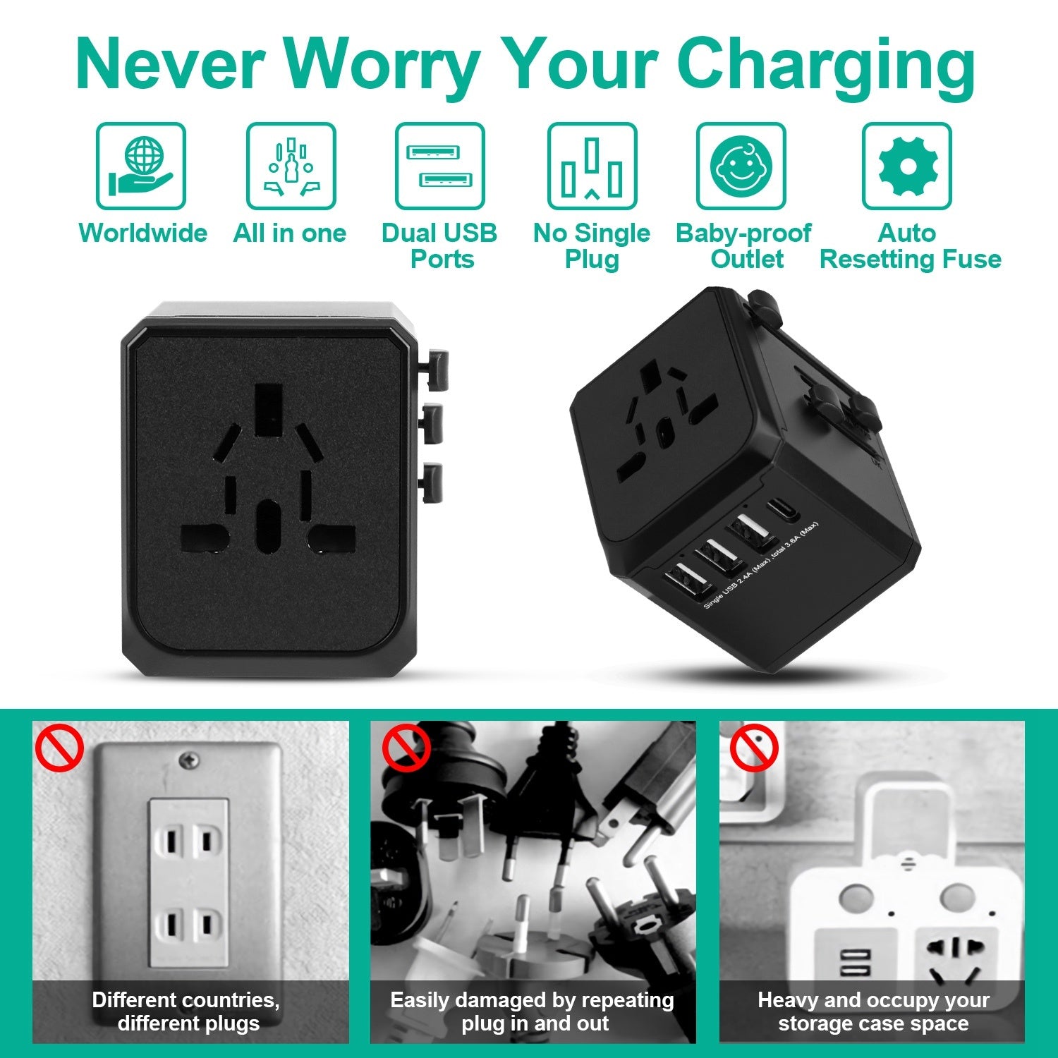 Universal Travel Power Adapter All in One AC Power Plug Adapter International Wall Charger with 4 Charging Ports for Phones Tablets Cameras US UK EU A