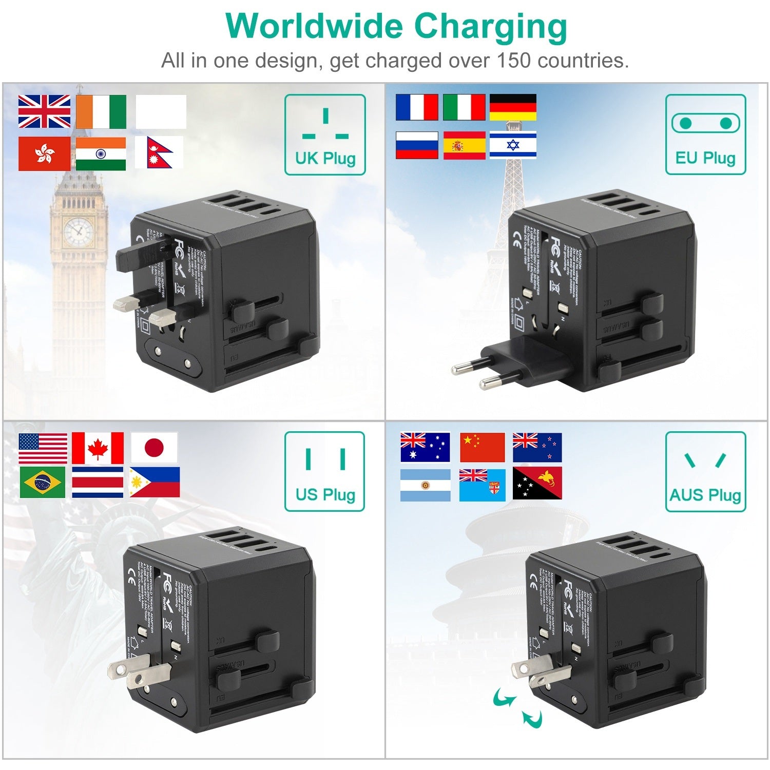 Universal Travel Power Adapter All in One AC Power Plug Adapter International Wall Charger with 4 Charging Ports for Phones Tablets Cameras US UK EU A