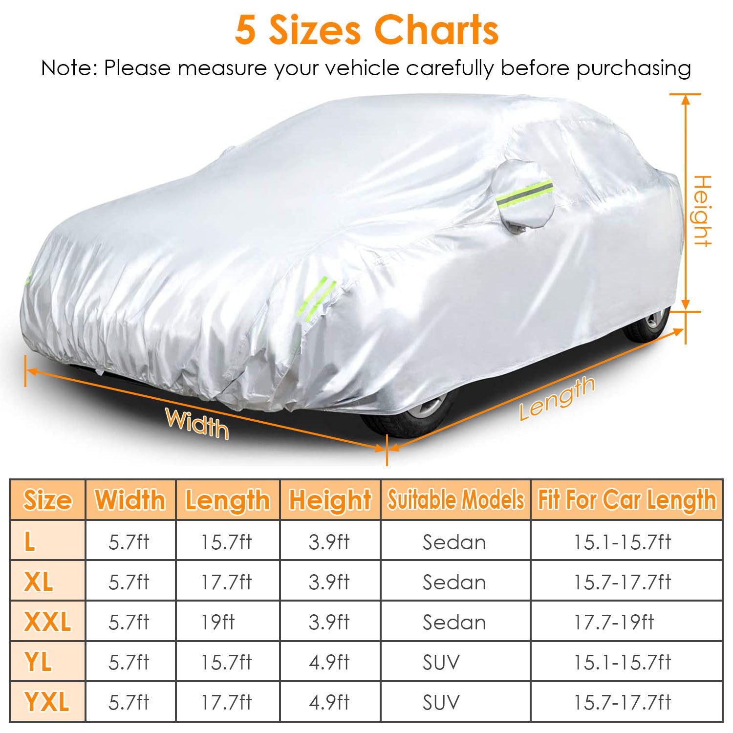 Full Coverage Car Cover Waterproof UV Protection Automotive Cover Outdoor Universal Car Cover with Reflective Strips Installation Straps Buckle