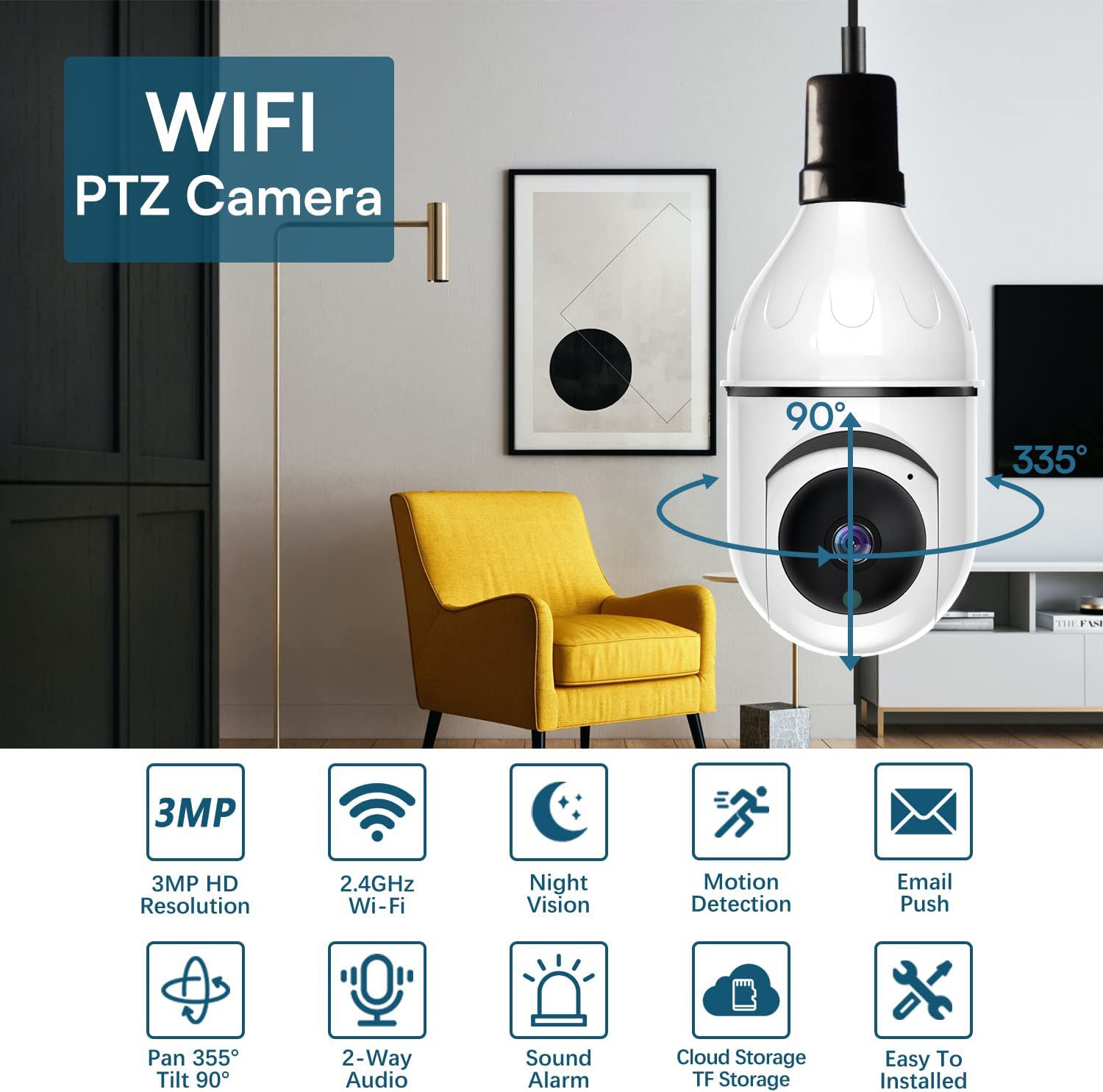 1080P Wireless E26 Bulb Camera WiFi Security Camera Smart IP Camera Night Vision +32G SD Card