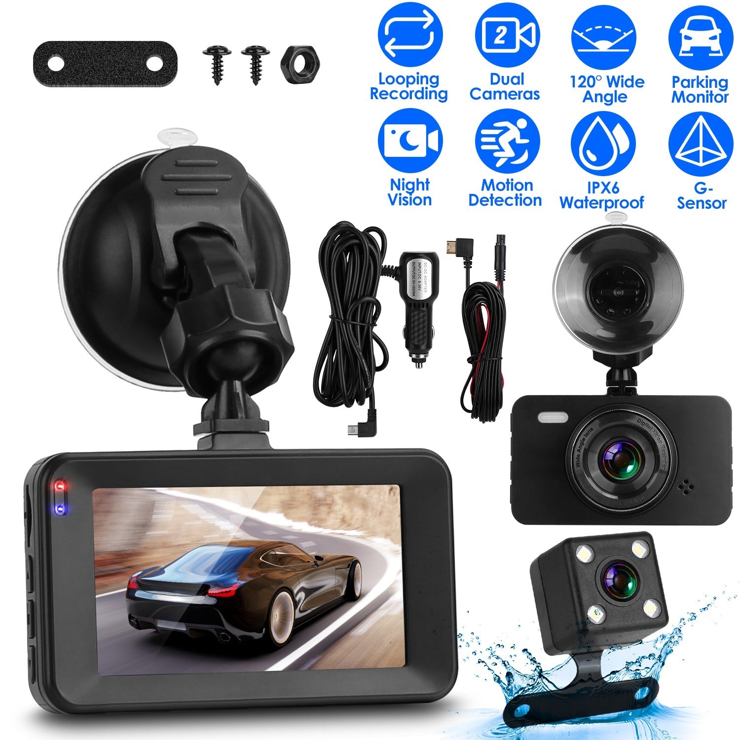 1080P Dual Dash Cam 3in Screen Vehicle Driving Recorder with Front Rear Camera G-Sensor Motion Detection Parking Monitor Night Vision Loop Recording 3