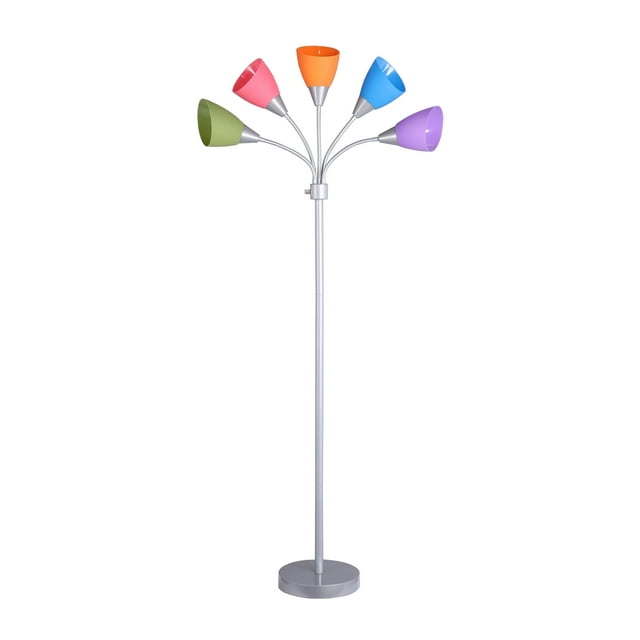 5 Light Floor Lamp, Multi-Color Shades, Metal Silver Finish, Modern, Young Adult Use