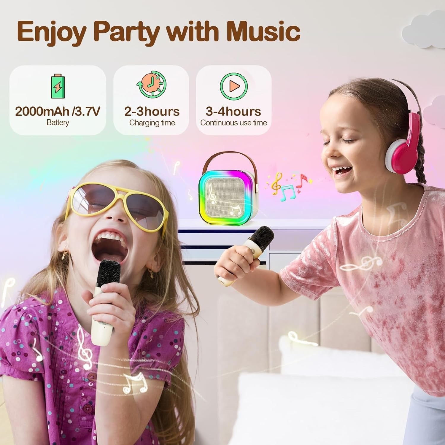 Portable Karaoke Machine with 2 Wireless Microphone, Mini Bluetooth Speaker Microphone,Boys,Girls,Adults,Party, Home KTV,Outdoor,Travel, Beige