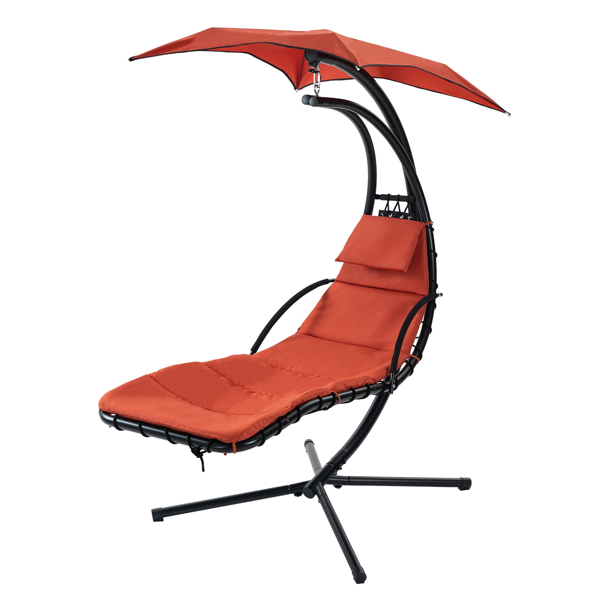 Hanging Chaise Lounger with Removable Canopy, Outdoor Swing Chair with Built-in Pillow, Hanging Curved Chaise Lounge Chair Swing for Patio Porch Poolside, Hammock Chair with Stand