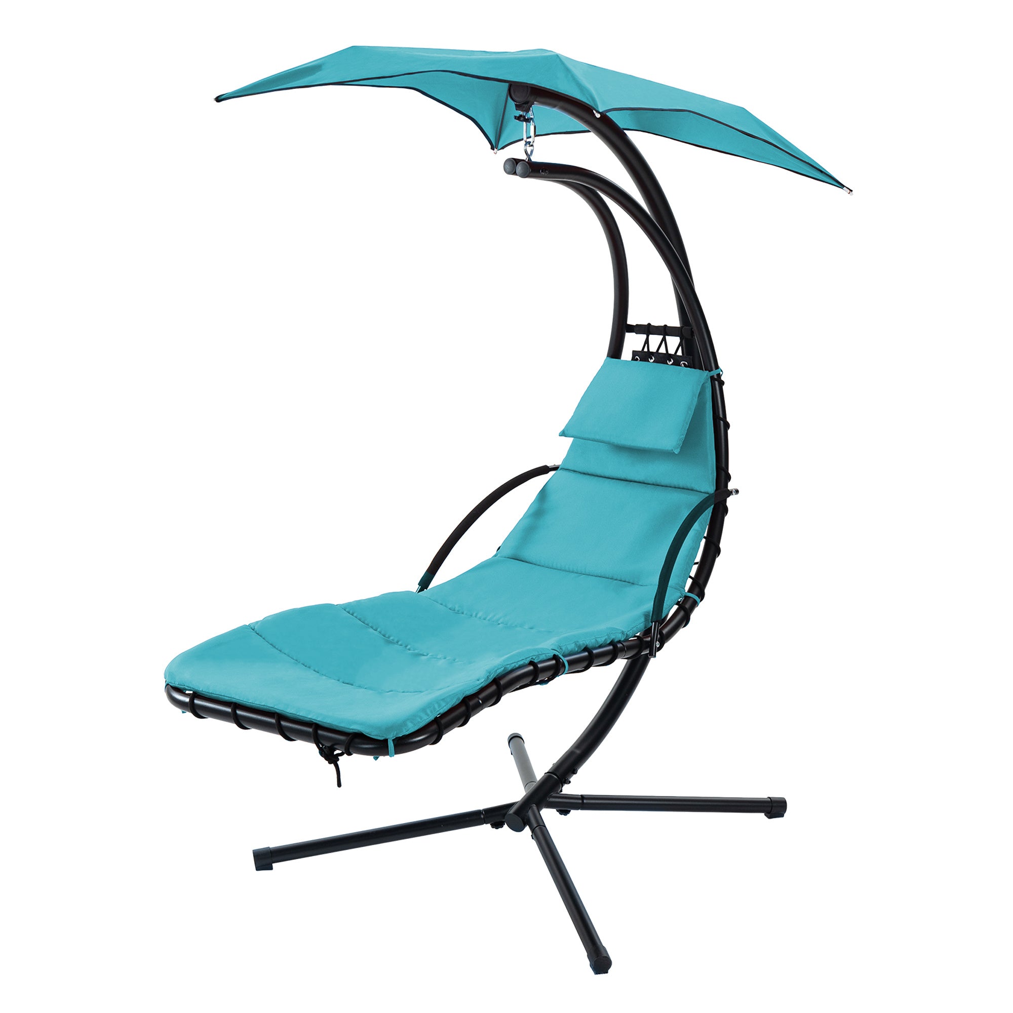 Hanging Chaise Lounger with Removable Canopy, Outdoor Swing Chair with Built-in Pillow, Hanging Curved Chaise Lounge Chair Swing for Patio Porch Poolside, Hammock Chair with Stand