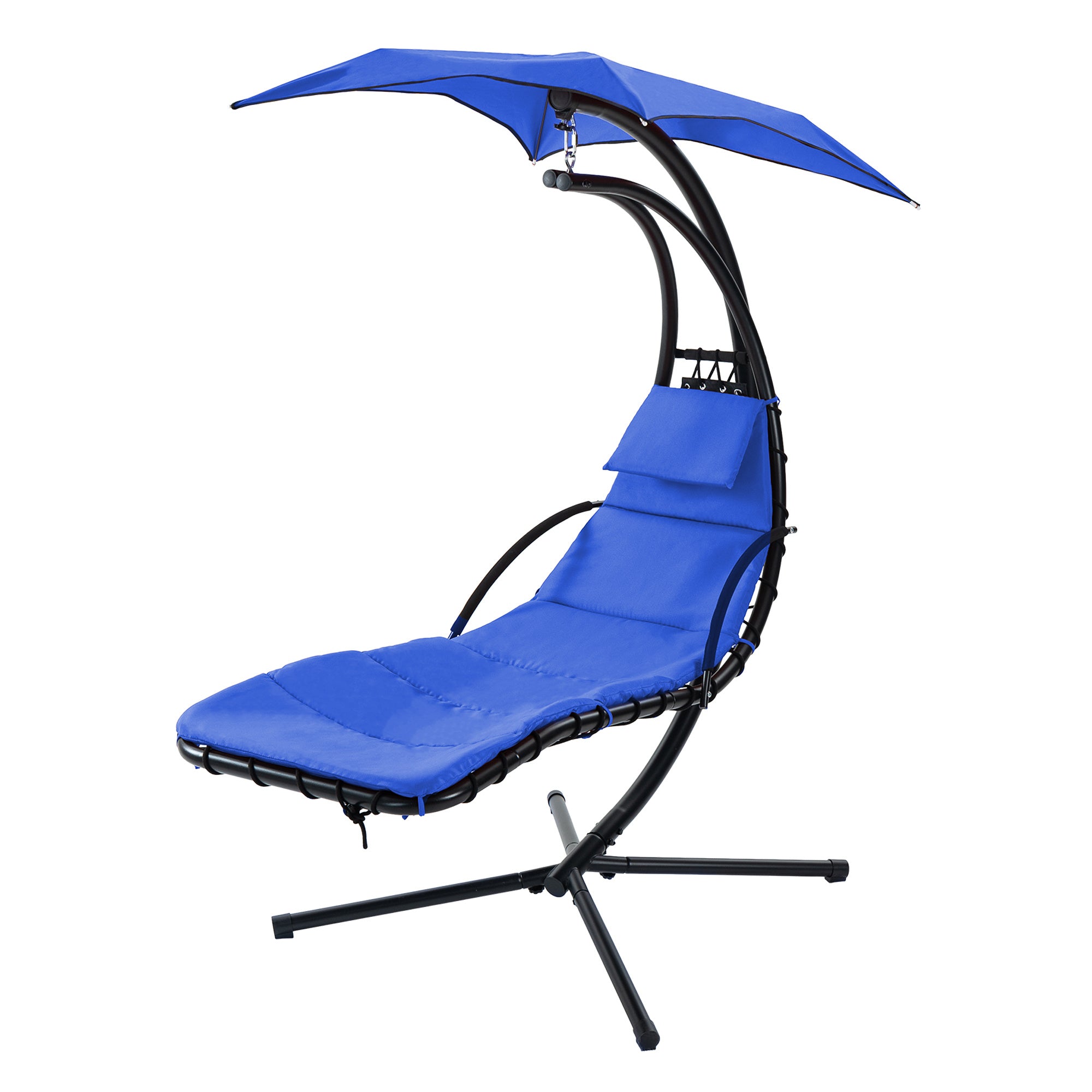 Hanging Chaise Lounger with Removable Canopy, Outdoor Swing Chair with Built-in Pillow, Hanging Curved Chaise Lounge Chair Swing for Patio Porch Poolside, Hammock Chair with Stand