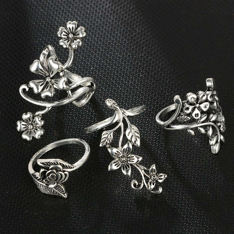 Tocona 4pcs/set Antique Silver Color Vintage Bohemia Ring Set Rose Flower Rings for Women Charm Bohemia Floral Knuckle Ring 6047