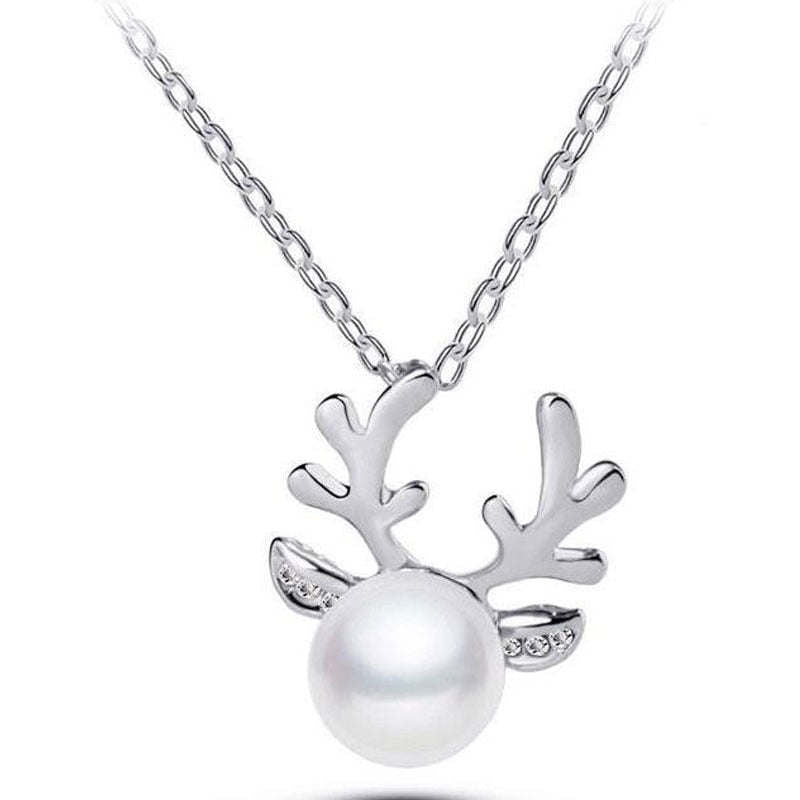 Cute Reindeer Antlers Pearl Chain Pendant Necklace Deer Stag Christmas Present Necklace Christmas Decoration Reindeer