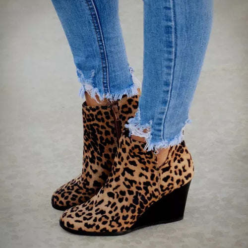 Winter Women Boots Leopard Wedges Ankle Boots Vintage Platform High