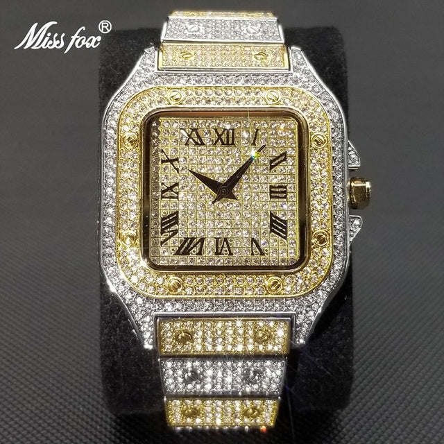 MISSFOX Ice Out Square Watch For Men Top Brand Luxury Full Diamond Men's Watches Ultra Thin Waterproof Hip Hop Clock