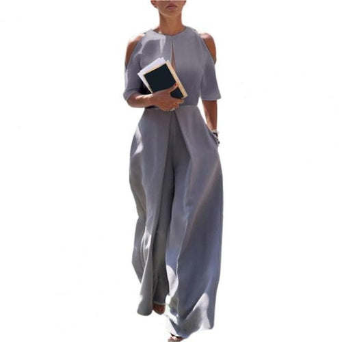 Overalls Crew Neck Slant Pockets Wide Leg Women Jumpsuit Cold Shoulder