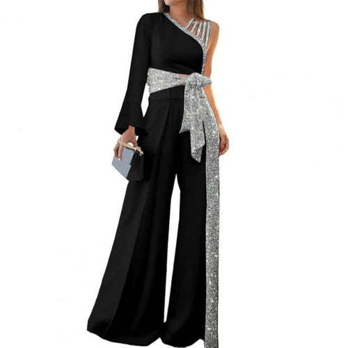 2pcs/set Women Outfit Bandage Bowknot Long Pants Wide Leg One Shoulder