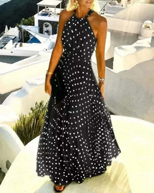 2022 Summer New Sexy Halter Off Shoulder Dress Wave Dot Printed