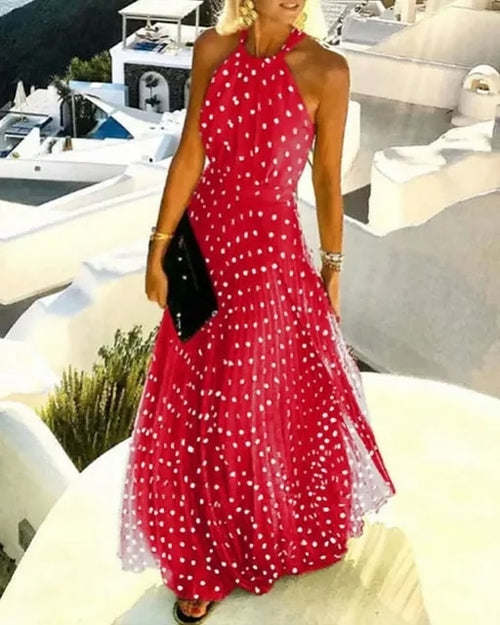 2022 Summer New Sexy Halter Off Shoulder Dress Wave Dot Printed